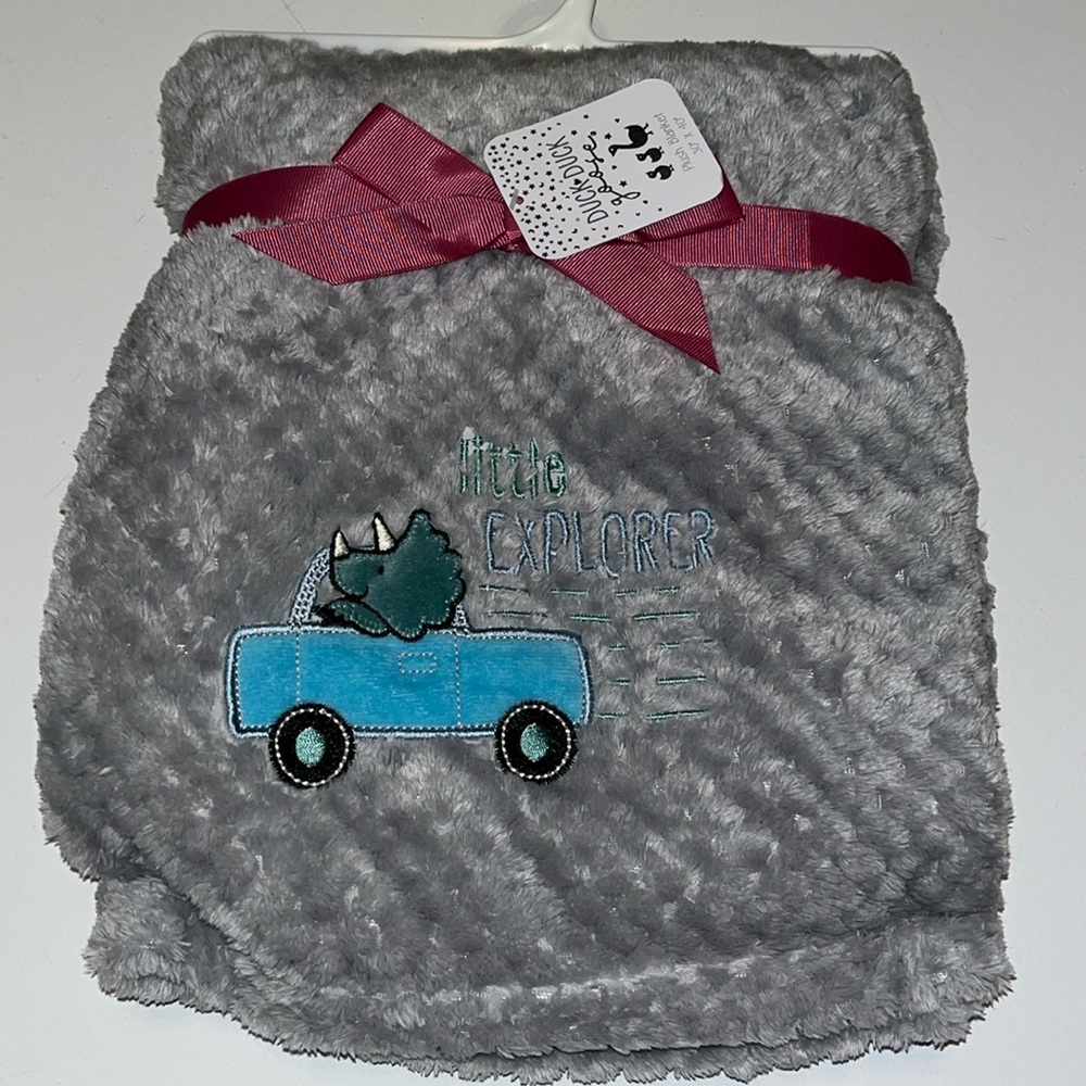 Dinosaur in car Little Explorer baby boy security blanket throw gray